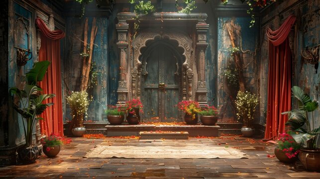 Cinematic Stage Design: Detailed Ramayan Theme for Chat Show on Ganges generative ai