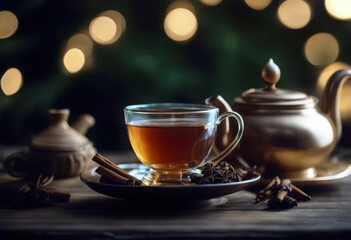 'cardamom cup cinnamon tea teapot traditional black glass drink spicy Indian beverage chai and nutmeg pedestal Masala podium ginger spices cloves poduim dais india'
