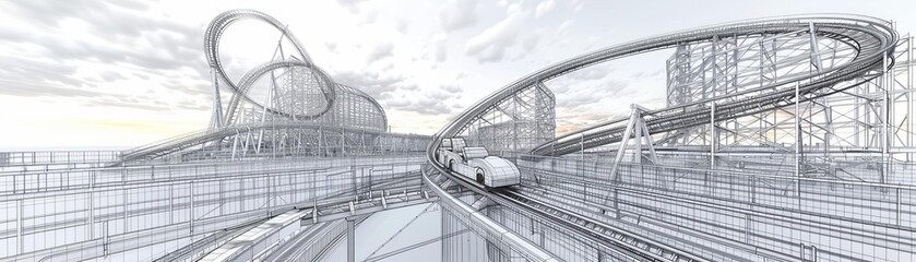 A wireframe model of a roller coaster with detailed tracks and cars