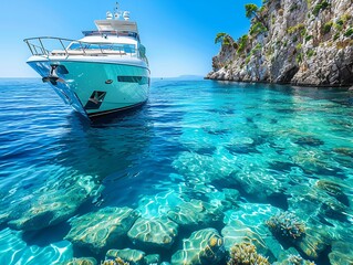 luxury yacht on clear blue waters, lavish lifestyle , vibrant color
