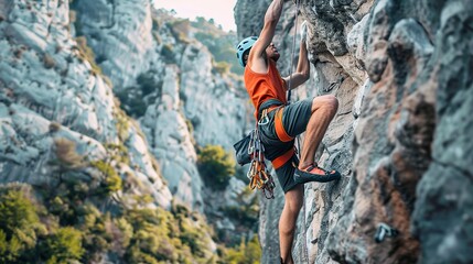 A man is rock climbing on a steep cliff.

