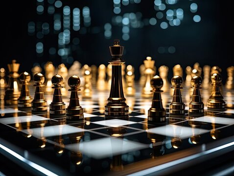 A golden chess set is sitting on a mirrored chess board