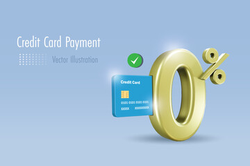 Credit card payment with 0% interest rate for online shopping with secure money protection. Money spending, online banking, financial concept. 3D vector created from graphic software.