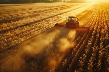 Fototapeta premium A tractor at work during harvest, enveloped in a cloud of dust as the sun sets, casting a golden hue over the wheat field