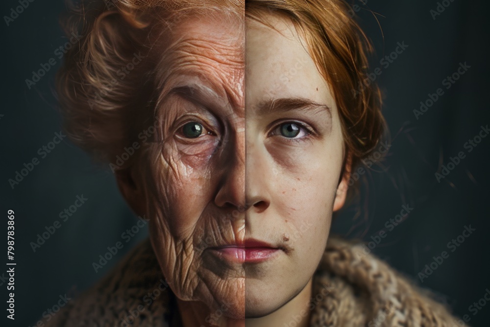 Poster split aging and holistic aging narratives integrate in aging divide portraits of old woman with agin
