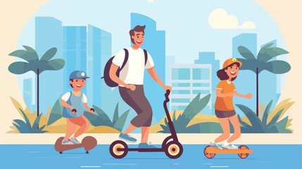 Obraz na płótnie Canvas Cute happy family riding bike skateboard and roller