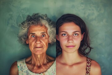 Aging process integrates mental fitness, aging split representations, and restoration in age split visuals for skincare.