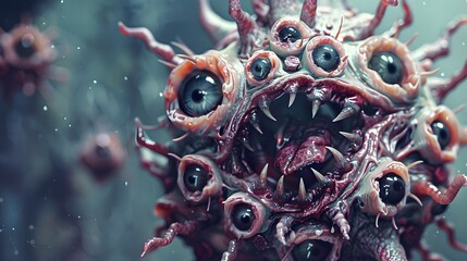 A close-up of a virus depicted as a grotesque creature