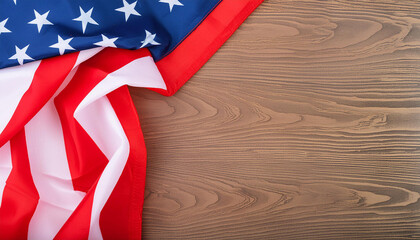 American flag on wooden background. Flat lay, place for text. Independence Day, 4th of July.