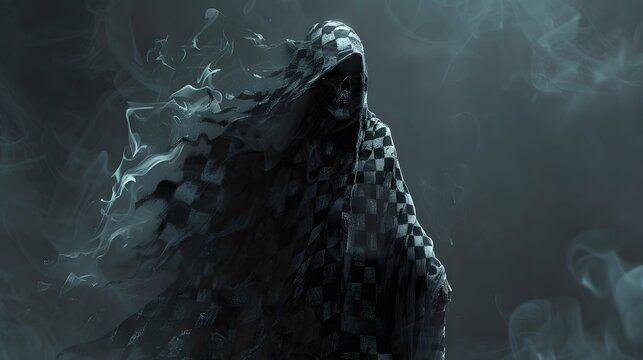 A close-up of a Dementor in a checkered cloak it's dark