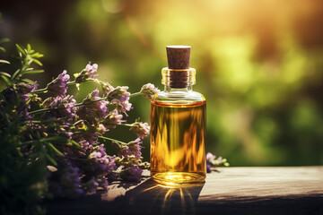 Obraz na płótnie Canvas A bottle of aromatherapy essential oil on natural background