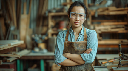 smart Asian female carpenter standing in her woodshop,her face look stressful in specialize