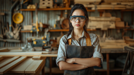 smart Asian female carpenter standing in her woodshop,her face look stressful in specialize