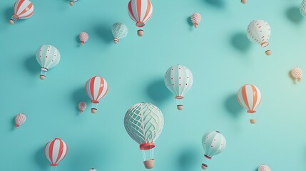 Tiny Hot Air Balloons Drifting on a Pastel Blue Background,
Whimsical Design for Soft and Serene Themes, Hand Edited Generative AI