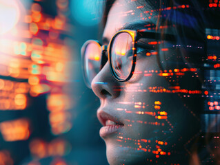 Data reflecting on eyeglasses on womans face