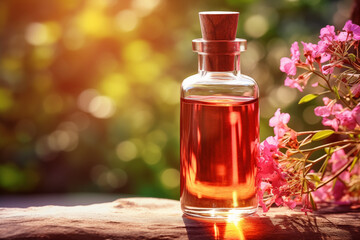 A bottle of aromatherapy essential oil on natural background - obrazy, fototapety, plakaty