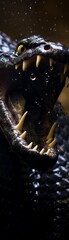Macro shot of a snake s fangs, venom dripping, set in a controlled environment to highlight the biological aspects of venomous creatures