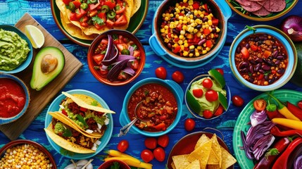 A vibrant Mexican spread adorned the table with a mouth watering array of traditional dishes From hearty chili con carne to crispy tacos zesty tomato salsa and corn chips topped with creamy