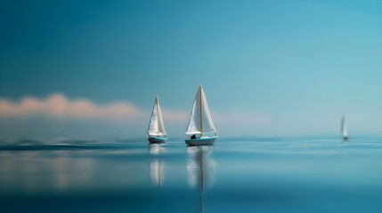 Obraz premium Tiny Sailboats Sailing on a Calm Blue Ocean Background, Serene Nautical Design for Peaceful Themes, Hand Edited Generative AI