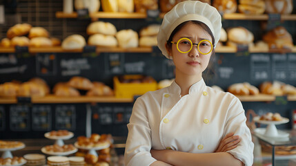 a 40's smart Asian female baker standing in her bakery ,her face look stressful in specialize