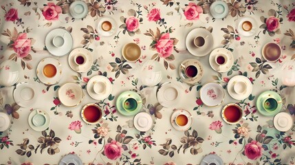  Tiny Teacups and Saucers Arranged on a Vintage Floral Background,
Charming Design for Retro Tea Time Themes, Hand Edited Generative AI
