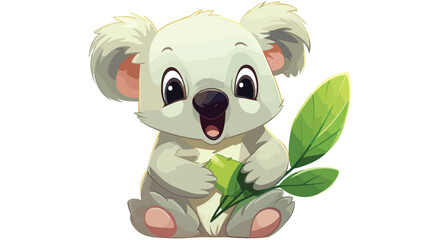 Cute koala eating leaf branch. Happy funny baby ani