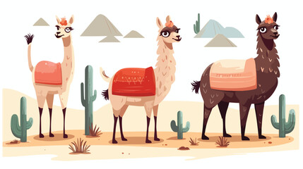Cute Lama Alpaca and cactuses set. Hand drawn carto