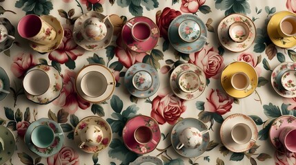  Tiny Teacups and Saucers Arranged on a Vintage Floral Background,
Charming Design for Retro Tea Time Themes, Hand Edited Generative AI
