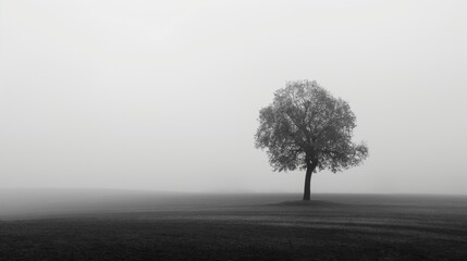 Fototapeta premium Solitary tree in a pasture surrounded by freezing fog. Copy Space.