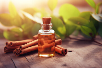 A bottle of Cinnamon aromatherapy essential oil on natural background