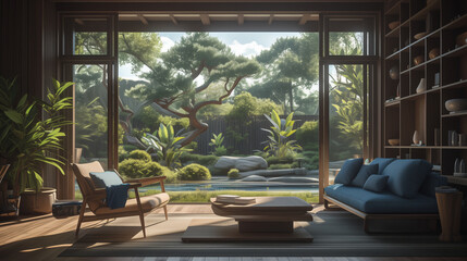 living room with a large window that overlooks a lush green garden