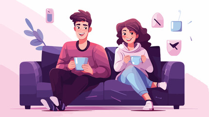 Cute male and female cartoon characters sitting on