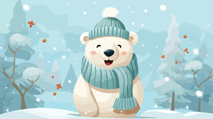 Cute polar bear in hat and sweater. Vertical greeti
