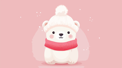 Cute polar bear in hat and sweater on pink backgrou