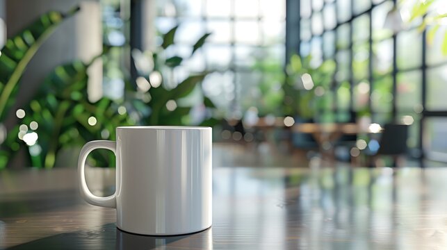 Coffee mug mockup on a Table in Front of a Window