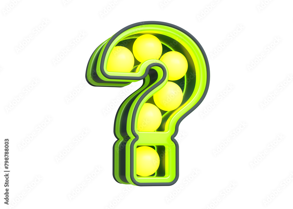 Poster marquee light bulbs in the shape of interrogation sign in lemon lime color scheme. high quality 3d r
