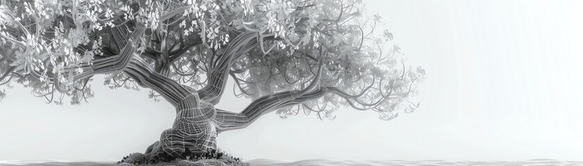 An intricate wireframe of a tree with every leaf and branch distinctly modeled