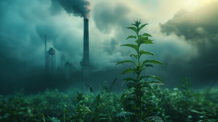 A resilient green plant thrives amid industrial chimney emissions. Reducing carbon through thought-provoking imagery.