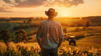 back view of a farmer stands in the field and looks at his farm with tractor