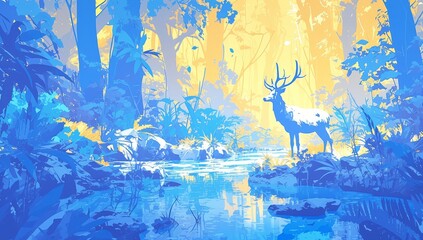 fantasy forest with trees and deer in the distance, turquoise background