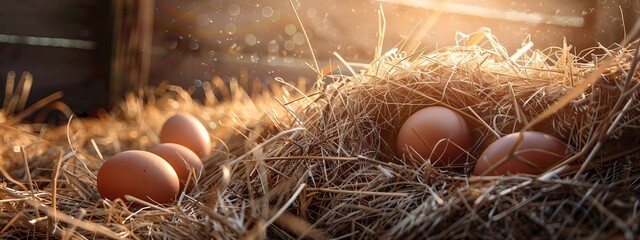 Fresh chicken eggs in the hay on a farm. Selective focus