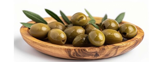 olives on a wooden plate on a white background, Generative AI, - obrazy, fototapety, plakaty