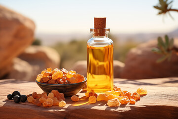 A bottle of Frankincense aromatherapy essential oil on natural background