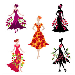 Set of beautiful girl in a dress with floral ornament vector