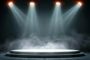 Illuminated empty stage with smoke and spotlights - obrazy, fototapety, plakaty
