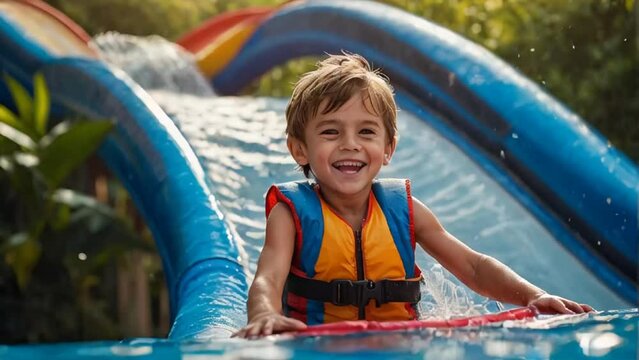 happy little boy on water slide in summer