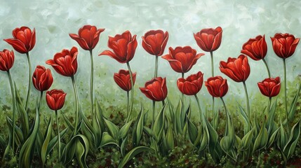 An enchanting vision unfolds as vibrant red tulips sway elegantly on green stalks in a blooming garden evoking the essence of seasons like Spring and Summer and celebrating occasions like V