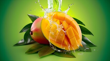 A yellow fruit with a splash of water and a green background.
