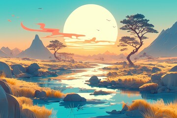 surreal desert landscape with river, sunset, mountains and orange sky