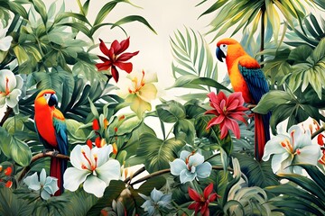 Wallpaper jungle and leaves tropical forest mural parrot birds old drawing vintage background